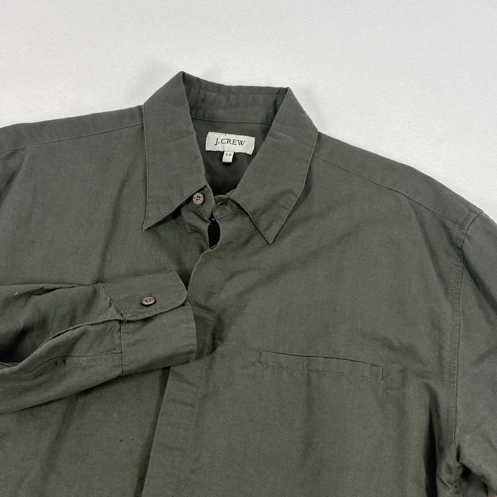 J. Crew Button Down‎ Shirt Mens L Olive Green Cabin Preppy Gorpcore Classic FLAW